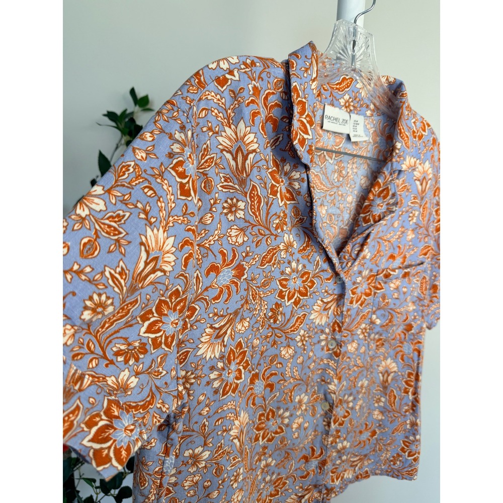 Rachel Zoe Womens Blue Orange Floral Linen Blend Short Sleeve Button Up Shirt M - Picture 3 of 7